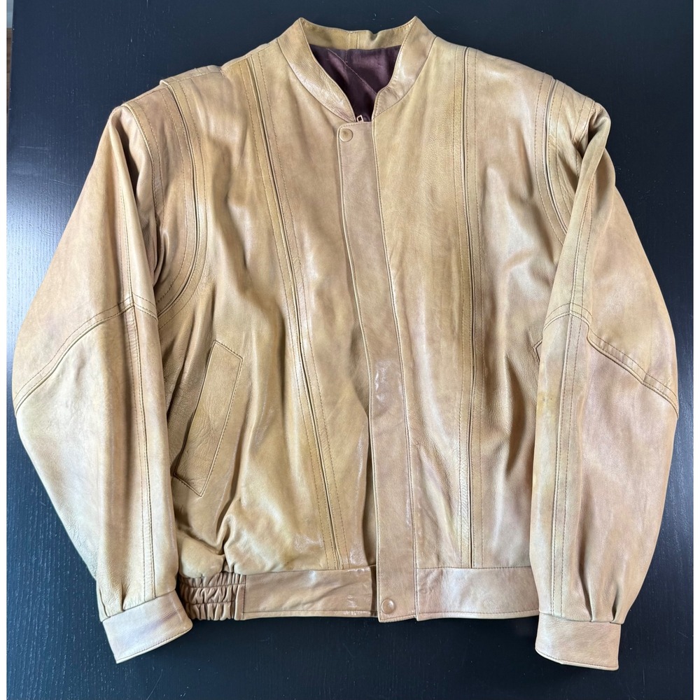 Vintage Stic Leather Bomber Jacket Mens Medium Tan Beige Paneled‎ Full Zip Coat
